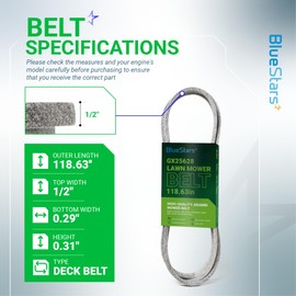 BlueStars GX25628 Deck Belt - Fits 42 inch Mower Deck J-Deere Z335E Z345M Z345R Z315E Z335M Z320M Z320R ZTrak Zero-Turn Z300 Series | Aramid Cord | 0.5'' x 118.63''
