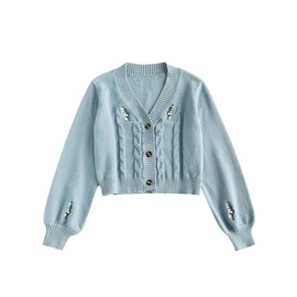 ZAFUL Women's Button Up Embroidered Cable Knit Cardigan V Neck Long Sleeve Cropped Sweater (3-Pastel Blue)