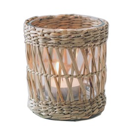 Wicker Woven Tea Light Candle Holder, Decorative Handcraft Rattan Woven Votive Candle Holder, Rustic Vintage Seagrass Glass Votive Candle Holders Hurricane for Dining Table Kitchen Decor