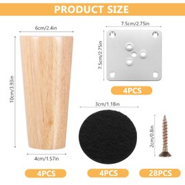 Wooden Furniture Legs 10cm Solid Wood Legs for Furniture Feet Wooden Cabinet Chair Table Leg Replacement for Dresser Bed Stool Sofa Leg with Non-Slip Pad Screws Plates Screwdriver 4