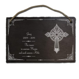 Printed Slate Plaque Grave Plate with Cross Memorial Stone Grave Stone Approx. 20 x 30 cm engraved with your desired text and name, also possible as a bell sign, door sign, motif A