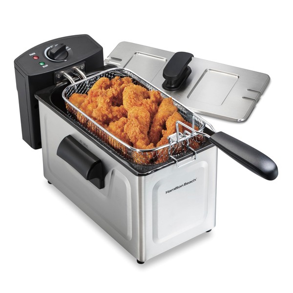 Hamilton Beach 35032 Professional Style Electric Deep Fryer, Frying Basket with Hooks, 1500 Watts, 3 Liters, Stainless Steel