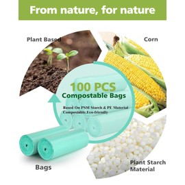 AYOTEE 100% Compostable Trash Bags, Small Compost Bags 1.3 Gallon, 5-6L Small Trash Bags Compostable Bags for Kitchen Compost Bin, Meeting ASTM D6400 Standards and Certified By OK Compost, 100 Count