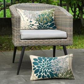 DecorMommt Set of 2 Waterproof Cushion Covers, Outdoor Sofa Cushion, Blue and Green, Dahlia Flower Pattern, Modern Decorative Cushion Covers, Linen for Car, Home, Bed, Office, Cafe, Garden, Living