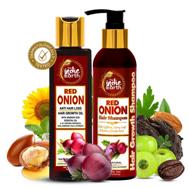 The Indie Earth Red Onion Anti Hair Loss & Hair Growth Combo with Red Onion Oil + Red Onion Shampoo Total 400 ml Best Onion Oil for Anti Hair Loss Best Onion Shampoo for Hair Growth