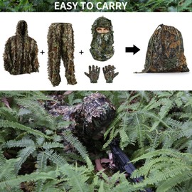 PELLOR 3D Ghillie Camouflage Suit, Jungle Ghillie Suit, Woodland Camouflage Suit Clothing with Camouflage Caps, Gloves for Hunting, Concealed, 6 Pieces (S)