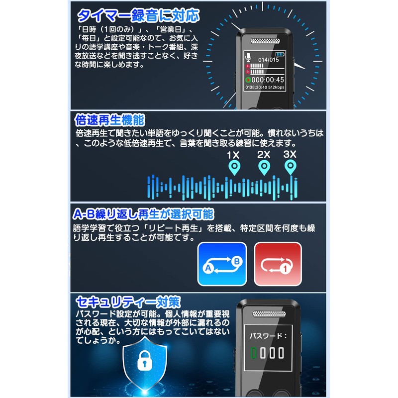 QZT Voice Recorder, IC Recorder, 64 GB Recorder, 3072 kbps,