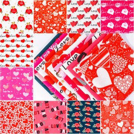 Qpout 10 Pieces Valentine's Day Fabric 9.8x9.8 inch, Red Love Heart Fat Quarters Quilting Fabric Bundles Cotton, Valentine's Day Fabric Panels for Crafts Sewing