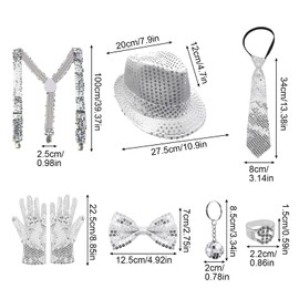 TUONYIS 7 Pcs Glitter Outfits for Men, Disco Outfit Sequins Accessories with Glitter Tie, Hat, Gloves, Bow Tie, Suspenders for 70s Disco Fancy Dress Party,Dance Performance,Hip Hop Jazz Shows (Silver)