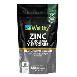 Wellthy Zinc Cúrcuma Jengibre 120 Cápsulas Optizinc Fórmula Patentada Alta Aborción Por Laboratorio Suizo Lonza Solo Cápsula Día Vcaps Veganas Bottle
