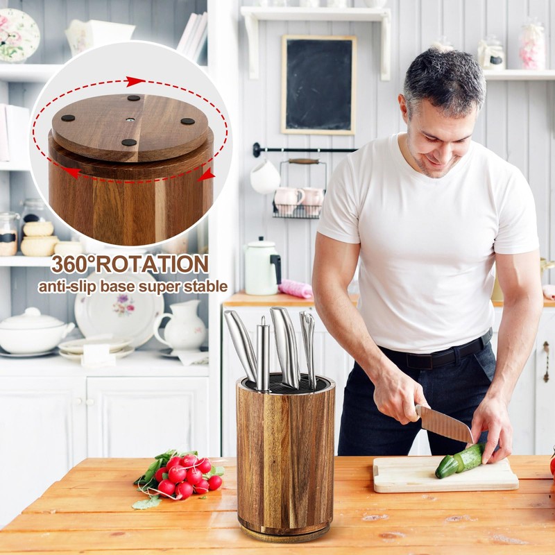 Hushee Wooden Knife Holder Block with Plastic Lid, 360° Rotating