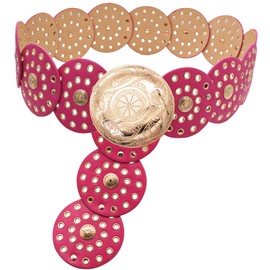 Putcuku Wide Disc Belts for Women Vintage Western Waist Belt Concho Leather Disk Belt Boho Belt, Pink, M: 47.2 in/120 cm