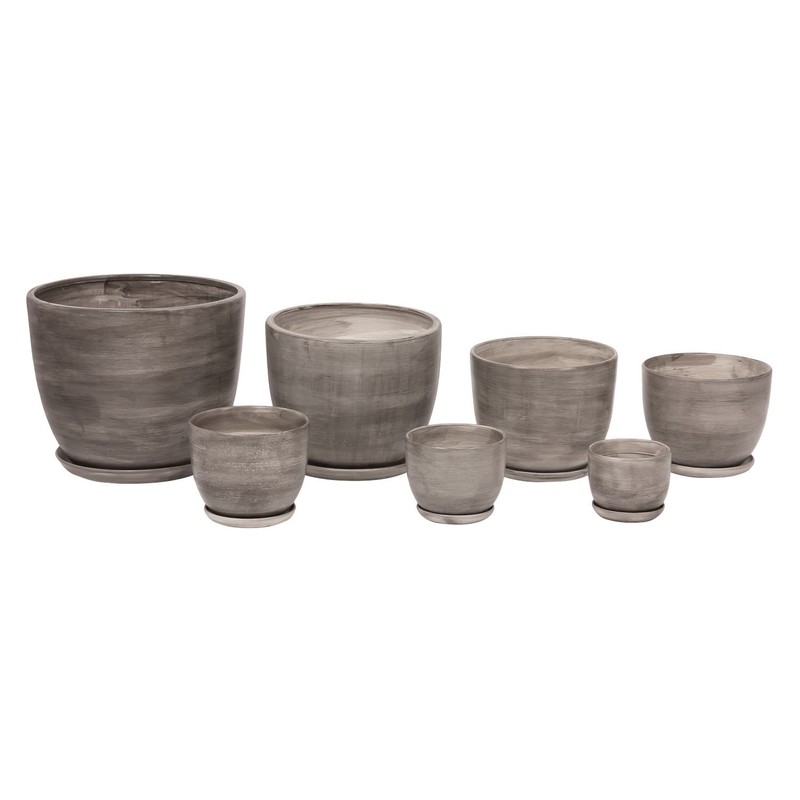 Dark concrete ceramic 13 cm planter with saucer, BARREL series