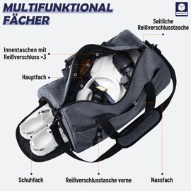 BECOJADDE Sports Bags for Men and Women, 35L Travel Duffel Bag, Overnight Bag with Shoe Compartment & Wet Compartment, Waterproof Carry On Bag for Sports, Gym, Swimming, gray, Travel handbag