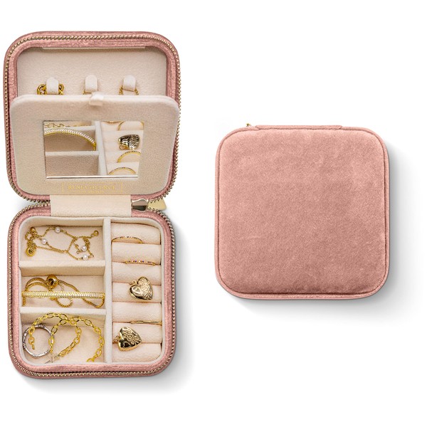 Plush Velvet Travel Jewelry Box Organizer | Travel Jewelry Organizer Box, Travel Jewelry Case | Small Jewelry Box for Women, Jewelry Travel Case | Earring Organizer with Mirror - Dusty Pink