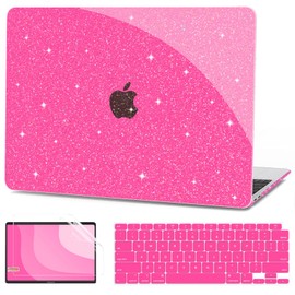 G JGOO Compatible with MacBook Air 13 inch Case 2022 2021 2020 2019 2018 Release M1 A2337 A2179 A1932 Touch ID, Glitter Plastic Hard Shell Case + Keyboard Cover + Screen Protector, Sparkly Hot Pink
