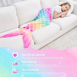 WERNNSAI Mermaid Tail Blanket - Plush Mermaid Portable Blanket for Girls Children Soft Flannel Fleece Cuddly Blanket for All Seasons Sleeping Bag 110 x 40 cm (Rainbow, Children)