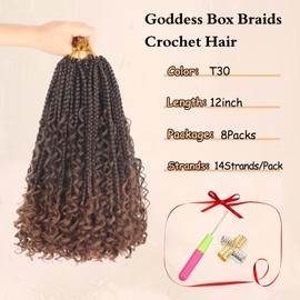 Boho Crochet Braids with Curly Ends 12 Inch Goddess Braids Crochet Hair Pre Looped 3X Bohemian Box Braids Crochet Braids for Black Women Ombre Brown T30