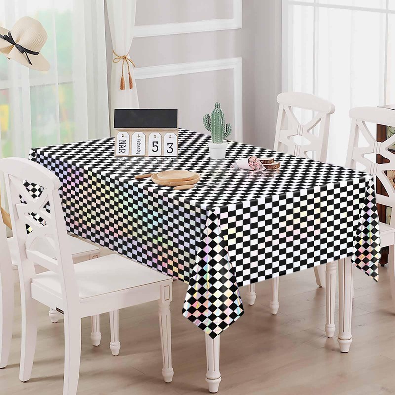 FALIZIFU 1 Pack Black and Iridescent Checkered Tablecloth Shiny Disposable