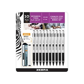 Zebra Pen M-301 Stainless Steel Mechanical Pencil, Premium Metal Barrel, Medium Point, 0.7mm, Black Grip, 10-Pack Plus Lead and Erasers, (54319)