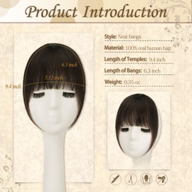 Sofeiyan Bangs Clip-In 100% Remy Real Hair Fringe Bangs, One Piece Human Hair Clip in Pony, Fringe Extensions, Natural Bangs with Temple Hair Pieces, Real Hair Extensions for Women