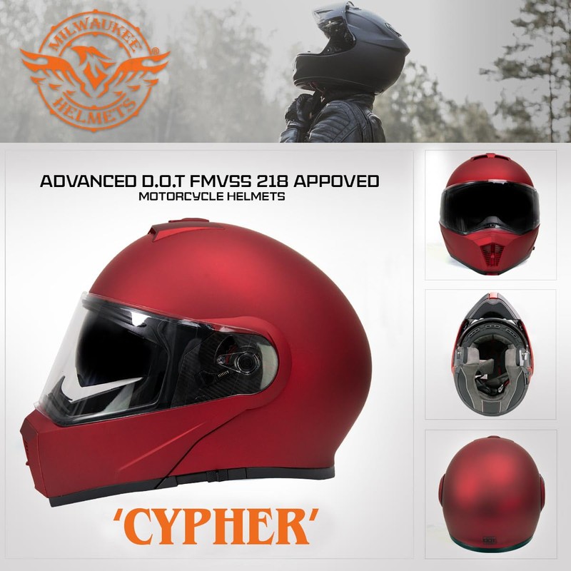 Milwaukee Helmets MPH9827DOT Cypher Flat Red Advanced Motorcycle Modular Helmet