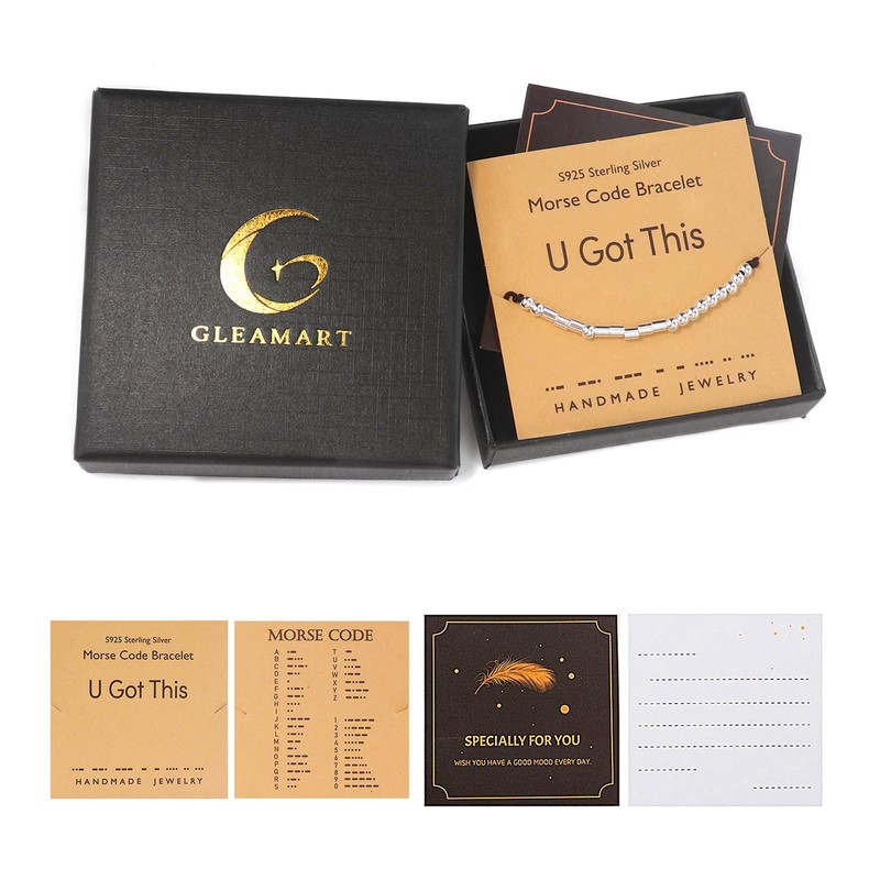 Gleamart Morse Code Bracelets Sterling Silver Beads Silk Cord Bangles