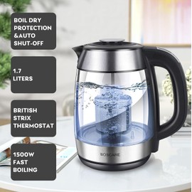 Electric Glass Kettle 1.7L, Hot Water Boiler with 1500W Fast Boiling/ 5 Presets LED Indicator Lights/Removable Tea Infuser/Auto Shut-off