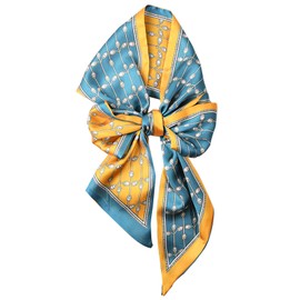 Clysoru Silk Head Scarf for Women Square Satin Double Sided Rectangle Tie Head Neck Waist Strip Scarves (59" x 5.9", Pencil Yellow blue vine)