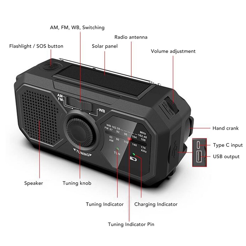Solar Hand Crank Radio NOAA Portable Multifunctional Hand Crank Weather