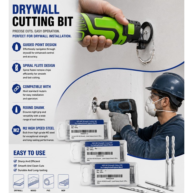 Drywall Cut Out Bit 1/8 Inch Guidepoint Rotary Router Tool