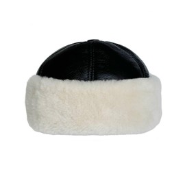 Premium Leather Unisex Shearling Sheepskin Fur Winter Beanie - Warm Wool Skull Hat for Men & Women (US, Alpha, Large, Black/Ivory Fur)