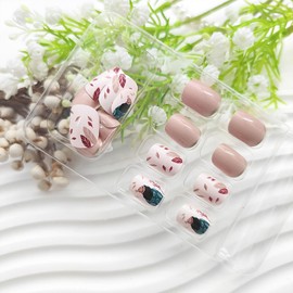 Square Press on Nails Short False Nails Press ons Gold French Tip Glue on Nails with Patterns Khaki Foliage Design Fake Nails Glossy Artificial Stick on Nails for Women Girls 24Pcs