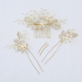 Haodeliy Hair Accessories, Comb, U Pin, 5-piece Set, Leaves and Flower Motif, Bride, Hair Ornament, Handmade Wedding Headdress Hair Ornament, Flower, Wedding Decoration, Recitals, Graduation