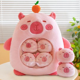 MeHoo Cute Snack Pillow Stuffed Animal Toys,Soft Pudding Plush Throw Pillow with Mini Removable Plush Dolls,Creative Hugging Pillow Home Decorative Cushion (Pink Capybara)