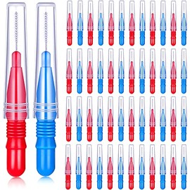 50 piezas de cepillo interdental palillo dental, cabeza dental, higiene dental, cepillo interdental, cepillo dental, limpiador dental, herramienta de limpieza de dientes (rojo, azul)