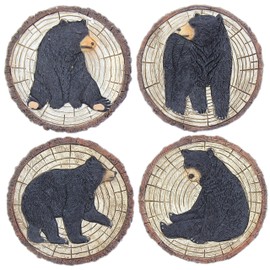 Mayrich 4 Piece Resin Black Bear Coaster Set with Holding Tray Carved Wood Look