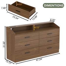 Gyfimoie 6 Drawer Dresser for Bedroom with Charging Station, Dresser with LED Light, Chest of Drawers for Closet, Modern Dressers with Open Storage Cubby, Double Wide Dressers (Walnut, 6 Drawers)