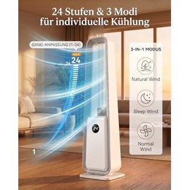Tower Fan Rotorless Fan: Floor Fan without Blades with Remote Control, 24 Levels, 3 Modes & 12h Timer, Oscillating Bladeless Fan for Bedroom & Living Room