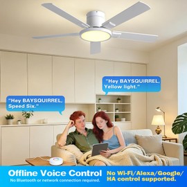 Ceiling Fans with Lights, Flush Mount Ceiling Fan with Remote/APP/Offline Voice Control, 6 Speeds Reversible, 3-Color Dimmable LED Light,Modern Low Profile Ceiling Fan for Bedroom Living Room 52"