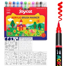 JoyCat Acrylic Paint Marker 12 Color - Intelligent Ink Control System, Brush Tip for Rock Painting, Ceramic, Wood, Canvas & Multi-Surfaces | Quick-Drying, Non-Toxic, Kid-Safe |Ideal Craft Gifts