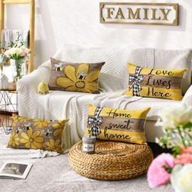 AVOIN colorlife Spring Home Sweet Home Bee Sunflower Throw Pillow Covers, 12 x 20 Inch Love Lives Here Summer Stripes Polka Dots Cushion Case for Sofa Couch Set of 4
