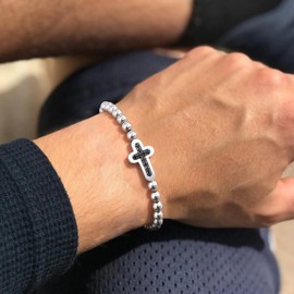 Cross Bracelets for Men - Beaded Rosary Bracelet Christian Cross Link Chain Non Tarnish Silver Stainless Steel Mens Bracelet Religious Catholic Faith Jesus Easter Jewelry Gift for Boyfriend Dad Son