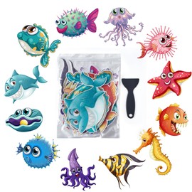 Non Slip Bathtub Stickers, 12 PCS Cute Sea Creature Shower Stickers for Kids Bathtub, Bathtub Non Slip Stickers and Adhesive Decals Scraper for Safety Bathroom Tubs, Shower Floor, Stairs
