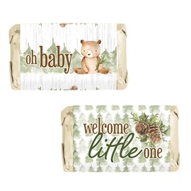 Woodland Bear Baby Shower Mini Chocolate Candy Bar Wrapper Labels, Party Favor Stickers - 45 Count