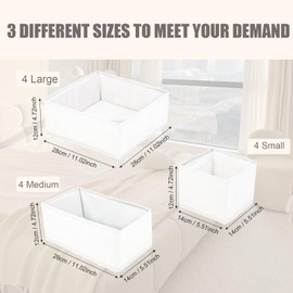 Mooisco 12 Packs Foldable Drawer Organizer Clothes, Closet Storage for Baby Clothes, Underwear, Sock, Non-Woven Fabric Bins for Baby Room, Office, 4 Small 4 Medium 4 Large, White