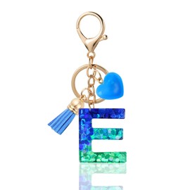 Zesirmay Initial letter Keychains, Sparkly Glitter Letter Keychain with Tassel,Resin Heart,Key Chain for Women,Girls (E, Glitter-blue)