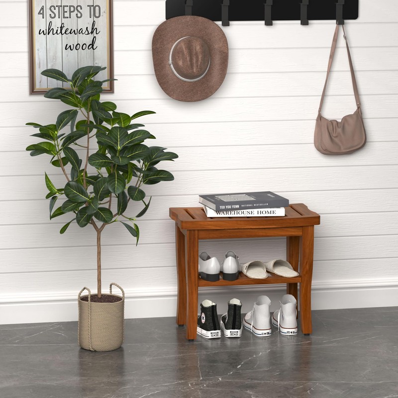 Teak Shower Bench Stool with Storage Shelf, Waterproof Shower Chair