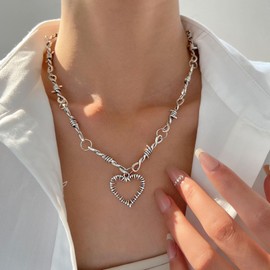 Gothic Thorn Love Heart Necklace,Vintage Punk Thorn Dark Heart Pendant Necklace Earring Exaggerated Knot Twisted Necklace Jewelry Gift for Men Women (silver)
