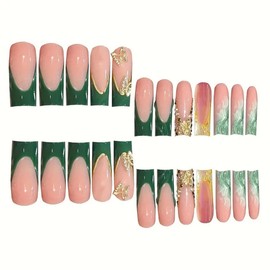 24Pcs Long Square Press on Nails Handmade Fake Nails Green French Tip False Nail with 3D Butterfly Pearl Designs Gold Glitter Glue on Nails Sparkly Artificial Nail for Women DIY Manicure